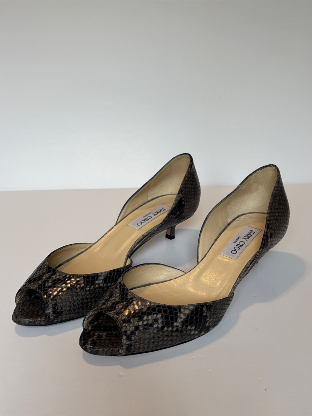 Jimmy Choo Black Snakeskin Peep-Toe Kitten Heel Pumps (Size 40)